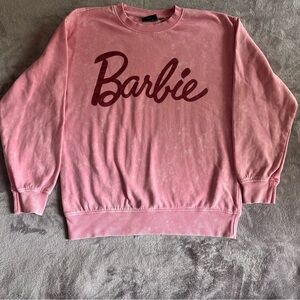 Barbie Sweatshirt Pink Glitter Logo Distressed Long Sleeve - Med